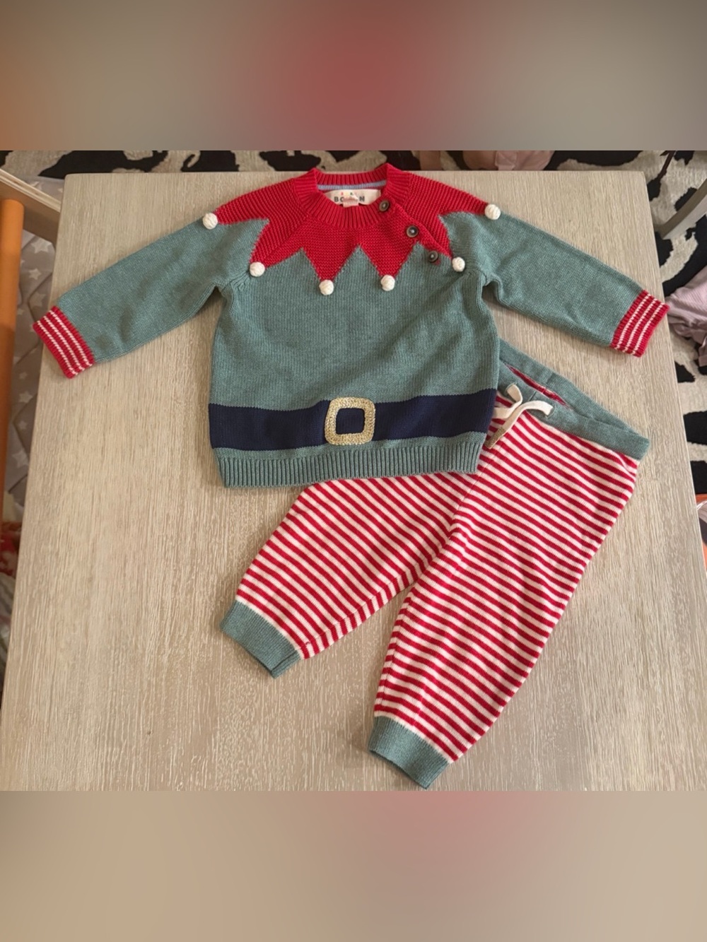 Baby Boden Elf-Inspired Sweater & Striped Pants set-size 6-9 months